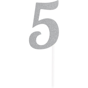 Bulk Pack of 2 Number 5 Silver Glitter Cake Topper