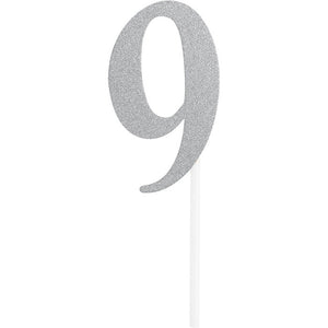 Bulk Pack of 2 Number 9 Silver Glitter Cake Topper