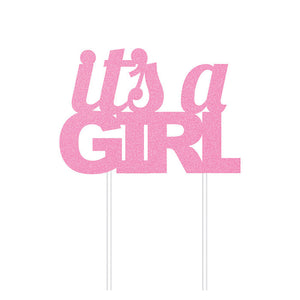 Bulk Pack of 2 Pink Glitter It's A Girl Cake Topper