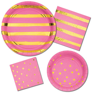 Bulk Pack of 16 Candy Pink & Gold Foil Striped Paper Plates