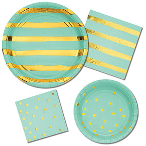 Bulk Pack of 16 Fresh Mint Green & Gold Foil Dot Dessert Plates