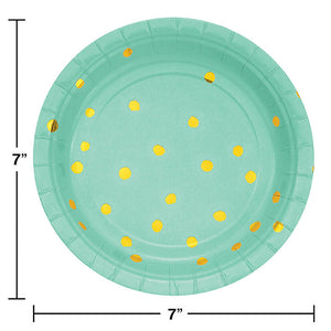 Bulk Pack of 16 Fresh Mint Green & Gold Foil Dot Dessert Plates