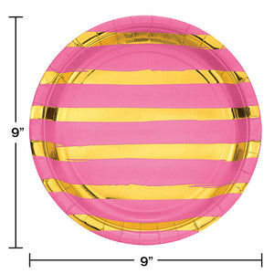 Bulk Pack of 16 Candy Pink & Gold Foil Striped Paper Plates