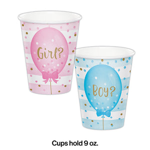 Bulk Pack of 16 Gender Reveal Balloons Hot/Cold Paper Cups 9 Oz