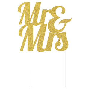 Bulk Pack of 2 Gold Glitter Mr & Mrs Cake Topper