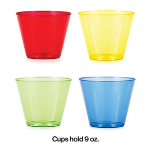 Bulk Pack of 24 Assorted Colors Plastic Glasses, 9 Oz