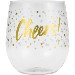 Bulk Pack of 2 "Cheers" Plastic Stemless Wine Glass