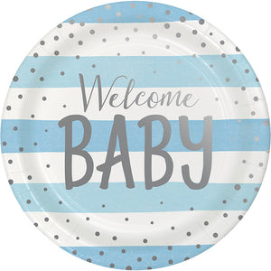 Bulk Pack of 16 Blue Silver Celebration "Welcome Baby" Dinner Plate, Foil