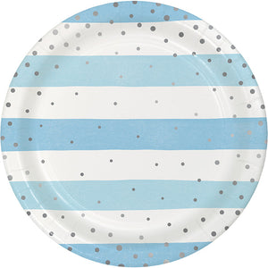 Bulk Pack of 16 Blue Silver Celebration Stripes Dinner Plate, Foil