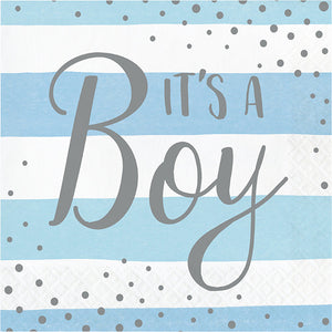 Bulk Pack of 32 Blue Silver Celebration "It's a Boy" Luncheon Napkin