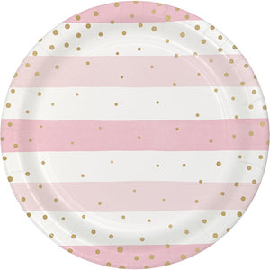 Bulk Pack of 16 Pink Gold Celebration Stripes Dinner Plate, Foil