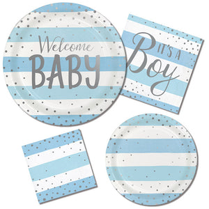 Bulk Pack of 16 Blue Silver Celebration "Welcome Baby" Dinner Plate, Foil