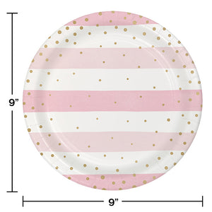 Bulk Pack of 16 Pink Gold Celebration Stripes Dinner Plate, Foil