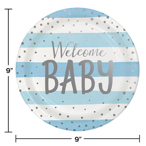 Bulk Pack of 16 Blue Silver Celebration "Welcome Baby" Dinner Plate, Foil