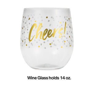 Bulk Pack of 2 "Cheers" Plastic Stemless Wine Glass