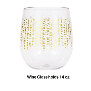 Bulk Pack of 2 Glittering Gold Dots Plastic Stemless Wine Glass