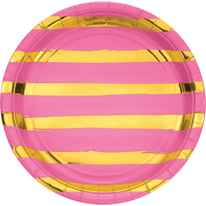 Bulk Pack of 16 Candy Pink & Gold Foil Striped Paper Plates