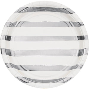 Bulk Pack of 16 White & Silver Foil Striped Paper Plates