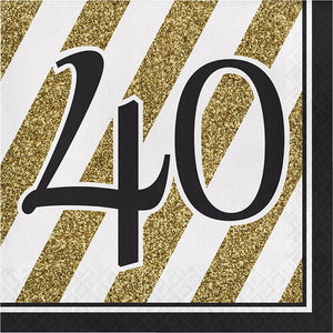 Bulk Pack of 32 Black & Gold 40th Birthday Napkins