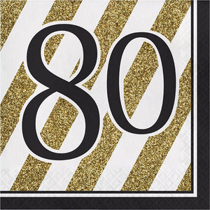 Bulk Pack of 32 Black & Gold 80th Birthday Napkins