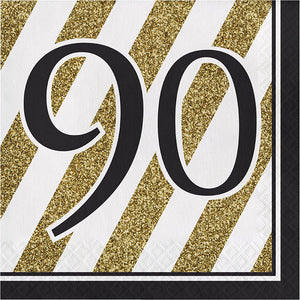 Bulk Pack of 32 Black & Gold 90th Birthday Napkins