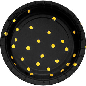 Bulk Pack of 16 Black & Gold Foil Dot Paper Dessert Plates