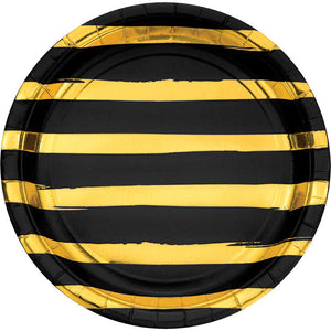 Bulk Pack of 16 Black & Gold Foil Striped Paper Plates