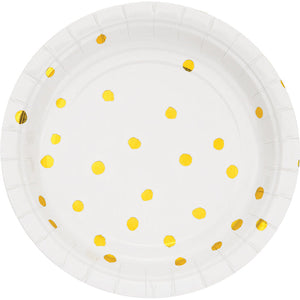 Bulk Pack of 16 White & Gold Foil Dot Paper Dessert Plates