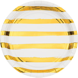 Bulk Pack of 16 White & Gold Foil Striped Paper Plates