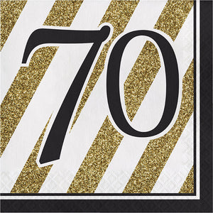 Bulk Pack of 32 Black & Gold 70th Birthday Napkins