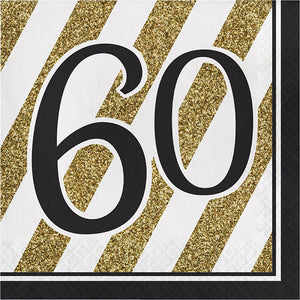 Bulk Pack of 32 Black & Gold 60th Birthday Napkins