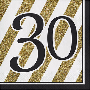 Bulk Pack of 32 Black & Gold 30th Birthday Napkins