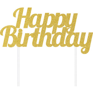 Bulk Pack of 2 Gold Glitter Happy Birthday Cake Topper