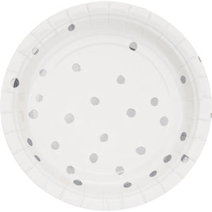 Bulk Pack of 16 White & Silver Foil Dot Dessert Plates