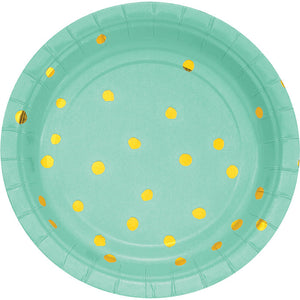 Bulk Pack of 16 Fresh Mint Green & Gold Foil Dot Dessert Plates